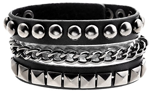 Zysta Schmuck Breit Echtleder Armband Armreif Nieten Wrap Nieten Manschette Unisex Punk Rock Schwarz