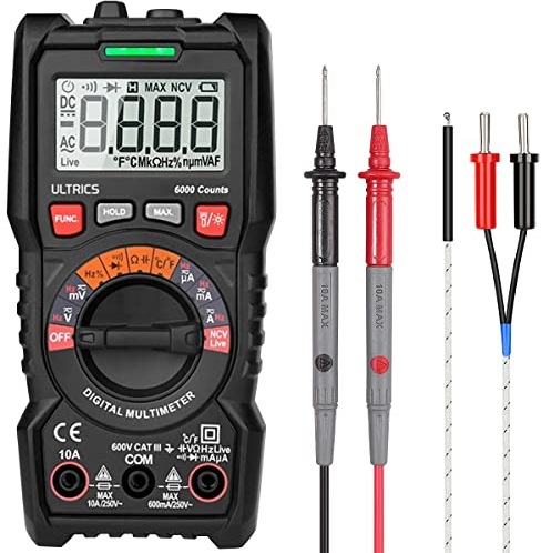 ULTRICS Digital Multimeter, Auto Ranging Multi Tester Voltmeter Ammeter Ohmmeter TRMS 6000 Counts, Test Meter with Leads, Backlit LCD Measures OHM AC/DC Voltage Current Resistance Continuity Diode