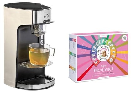 SENYA Machine à Thé Tea Time + Coffret 75 Sachets Les 2 Marmottes – Infuseur Thé Électrique – Thé en Vrac ou Sachet – 200/300 ml – Idée Cadeau Fête des Mères (Crème)