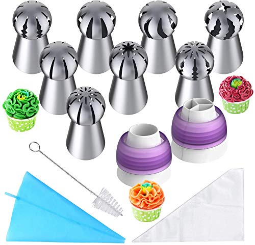 Punte per tubazioni russe Suggerimenti per la decorazione di torte 32 pezzi, Comprese 8 punte russe 2 accoppiatori 1 sacchetto per pasticceria in silicone 10 sacchetti per glassa usa e getta