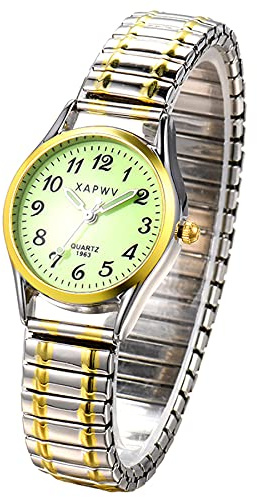 JewelryWe Reloj Mujer, Reloj para Mujer Ultra Claro y Fácil de Leer, Números Grandes, Esfera Luminosa, Puntero Luminoso, Práctico Reloj con Correa Elástica, Bicolor con Superficie Luminosa