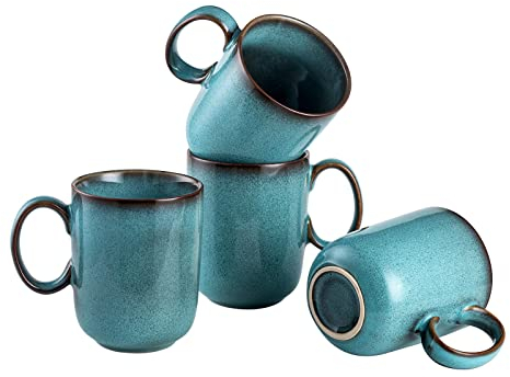 Henten Home Tazas de 4, Stoneware Elegante para Tazas de Café Cerámica - Azules, Tazas de Té con Manijas para Café/Chocolate Caliente/Leche/Agua/Bebida - 450 ml / 15 oz