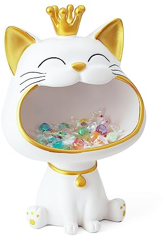 Efugadeng Lachende Katze Statue Figuren Lagerung Box，Katze Schmuck Schlüssel Aufbewahrungsbox，Schmuck Tablett, Große Katzen-Skulptur-Statuegeeignet für Zuhause, Büro-Dekoration (Weiss, M)
