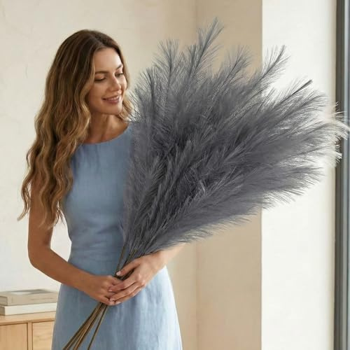 Large Grey Pampas Grass Artificial 116cm, Fluffy | Faux Pampa Feathers 3 Stems, Large Feathers for Floor Vase Living Room Bedroom Decor, Decorative Home Accessories Ornaments
