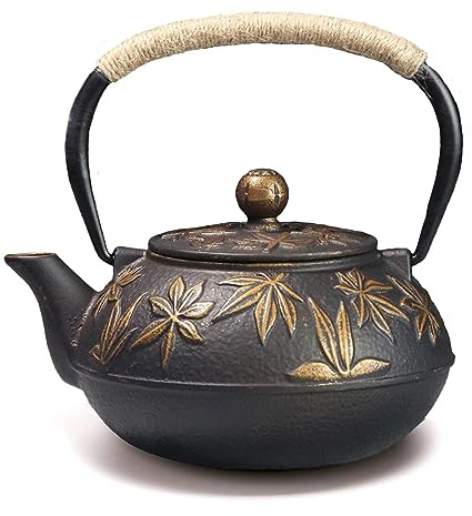 Webao Teekanne Gusseisen, 800ml Asiatische Teekanne Teekessel mit Edelstahl Sieb, Gold Ahornblätter