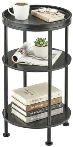 Small Round Side Table with Tray Top, 11.8 Narrow End Table, Black
