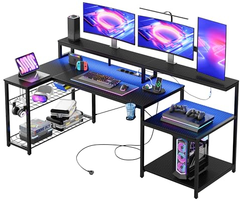 Bestier Gaming Tisch, 181x80 cm Schreibtisch mit LED-Leuchten, L-förmiger Schreibtische mit 3 AC-Steckdosen und 2 USB Ladeanschluss, Computertisch mit großzügiger Monitorablage, Kohlefaser Schwarz