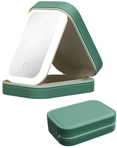 Kosmetiktasche mit Beleuchtetem Spiegel, Tragbar Kosmetiktasche, Schminktasche Damen mit 3 Farben LED Licht, Make Up Tasche mit Spiegel und Fächern (Grün)