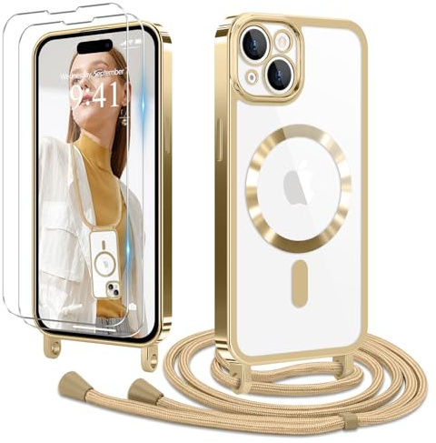 Ethanger für iPhone 15 Hülle mit Band + 2 Schutzfolie, Gold | Handyband Transparent Silikon Handyhülle, Magnetische Schutzhülle Case zum Umhängen Kordel