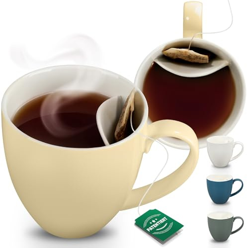 Neighbour's Friend Patentierte Teetasse beige mit Beutelablage I Keramik Tasse groß 325ml I Teebecher Steingut I Keramiktasse für Tee I Spülmaschinengeeignet Teetassen I Modernes Design für Teetrinker