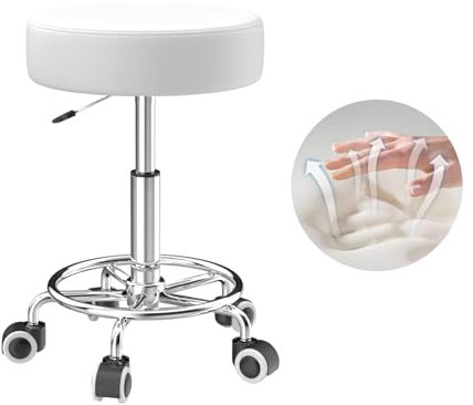 Hocker höhenverstellbar 49cm-63cmcm,Rollhocker mit fußstützezur Entspannung des Körpers,kompakt,bequem und leicht PU leder hocker mit rollen,drehhocker,arbeitshocker,friseurhocker,bürohocker (1 Weiß)