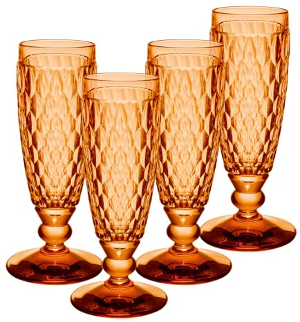 Villeroy & Boch Boston Apricot Sektgläser 4er Set, 145 ml, Farbige Sektkelche mit Facettenmuster, Kristallglas für Champagner und Schaumwein, Spülmaschinengeeignet, Orange