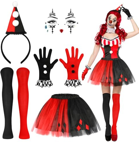 5PCS Halloween Costume Clown Donna, Cerchietto Pagliaccio Brillantini Viso Guanti Calze Al Ginocchio Tulle Tutu, Clown Costume Halloween Donna Costumi Pagliaccio per Feste di Hallowen Carnevale
