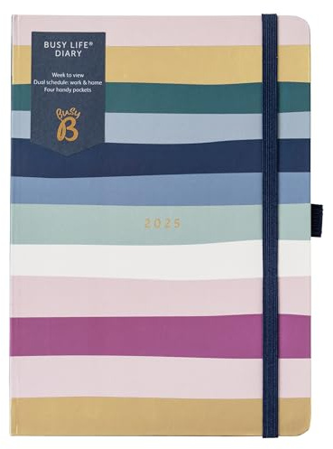 Busy B - Planificateur semainier Busy Life - 2025 - Rayures - Agenda A5 avec double emploi du temps, calendrier annuel & pochettes pour stylos