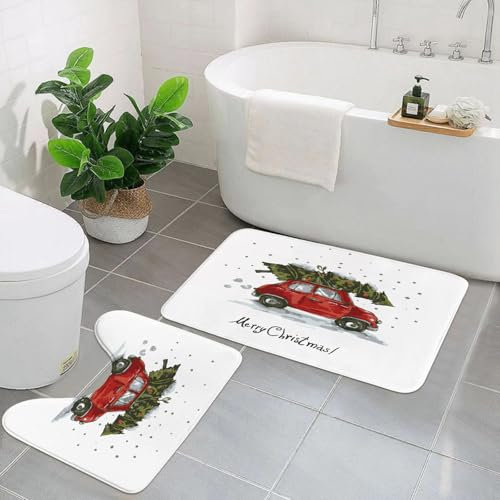 AELKSP Badezimmerteppich Set 2 Teilig,Weihnachtsbaum auf dem Auto. Dekorative Weihnachtsverzierung, Kunstillustration, gemal,rutschfest Waschbar Badvorleger Set,Saugfähig Badematte Badteppich Set mit