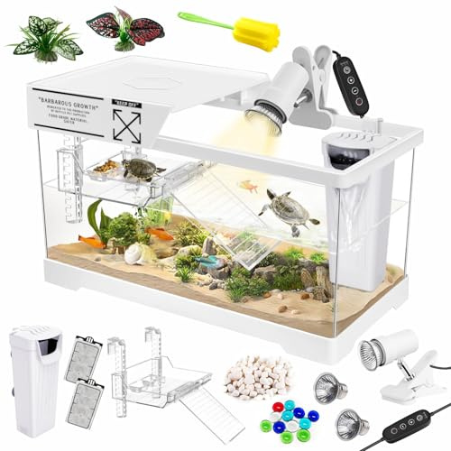 GOZILLA Wasserschildkröten-Tank-Set + Lampe + Filter, Upgrade-PC-Schildkröten-Tank-Starter-Set mit Verstellbarer Lampe und Filter, Reptilien-Lebensraum mit Deckel, Hängeplattform für kleine Reptilien