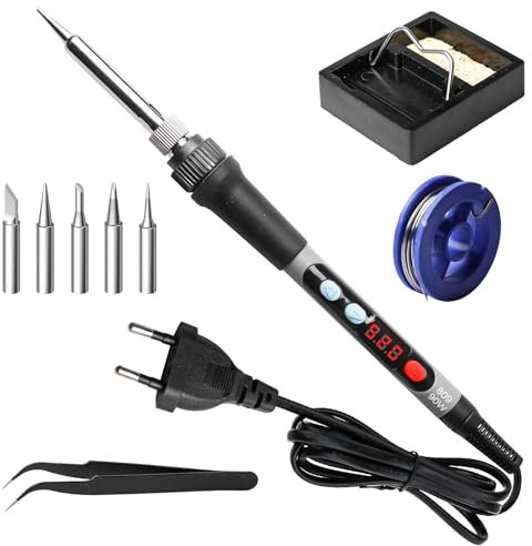 GOMETY Set saldatore: 1 pezzo da 90 W, temperatura regolabile 180 – 520 °C, saldatore con interruttore on/off, 5 punte di saldatura, supporto saldatore, stagno, pinzette per riparazioni elettroniche