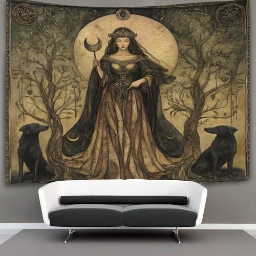 kaiyun Déesse de la forêt sombre Tapisserie,Moon Key Black Chien Tenture Murales Pour Chambre Esthétique,décoration De La Maison Pour Le Salon 130cmx150cm