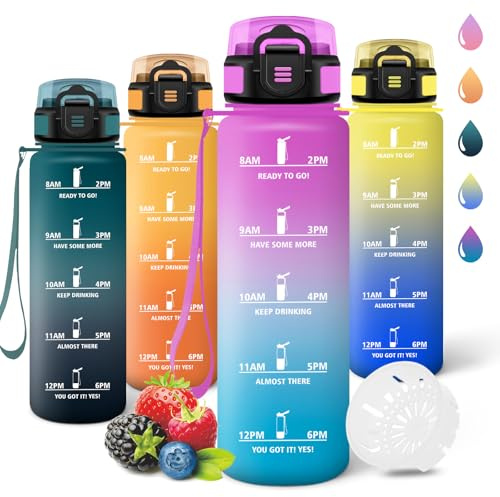 Motswedi Botella agua 1 litro, a Prueba de Fugas, Cantimplora, Reutilizable, Botella agua Gimnasio, con Marcador de Tiempo, botellas Gym para Yoga, Oficina, Gym, Rosa&Cian