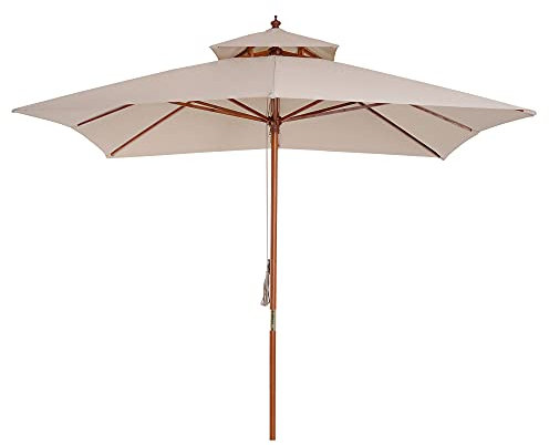 Outsunny Sombrilla de Jardín 3x3x3 m Parasol de Terraza de Bambú con Doble Techo Resistente al Agua Sistema de Polea para Balcón Terraza Exterior Beige
