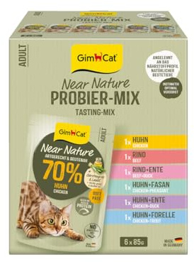 GimCat Near Nature Probier-Mix 6er - Getreidefreies Nassfutter für Katzen ab dem 7. Monat mit artgerechter und beutenaher Rezeptur - 6 Beutel (6 x 85 g)