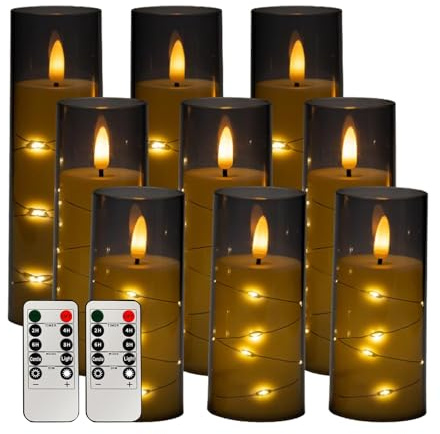 Littleboyny Candele a LED senza fiamma, a batteria, con catena di luci a corda, set di 9, telecomando e timer, decorazione romantica per la casa