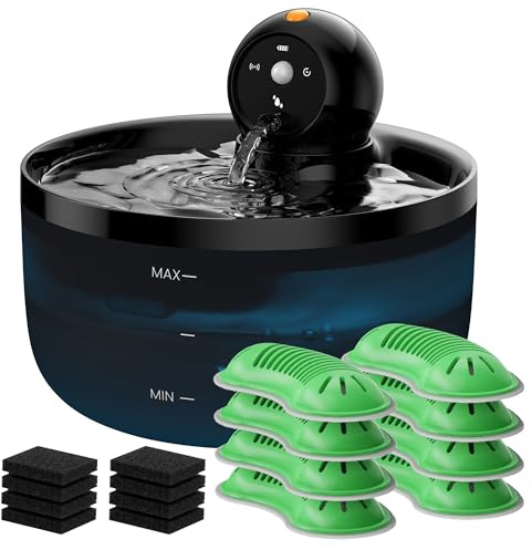 Battery Operated Cat Water Fountain: Wireless Cat Fountain - Cats Drinking Fountains Rechargeable - Pet Water Dispenser with Motion Sensor - Silent Kitten Bowl with 8 Filters + 8 Sponges - Black