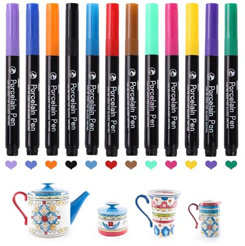 Honosen 12 Stück Porzellanstifte Spülmaschinenfest, Porzellanstifte Set, Farben Wasserfeste Keramikstifte, Spülmaschinenfest für Keramik Bemalen Glas Stein Porzellan Bemalen & Glas Designkreationen