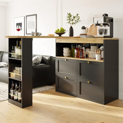 Gxffipw 360° Drehbarer Bartisch Höhe 102 cm mit 4 Schubladen und Ebenen Offener, Esstisch Ausziehbar mit Stauraum, Sideboard Bartisch Küche mit Regal, Küchenschrank Barschrank für Esszimmer, Schwarz