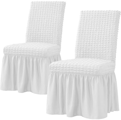 SZSMART Stuhlhussen für Esszimmer Satz von 2 Stretch Stuhl Slipcover mit Rock abnehmbar waschbar Küche Stuhl Protector Cover Set für Haus, Party, Hochzeit (2, Weiß)