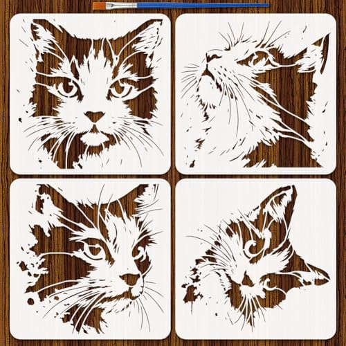 FINGERINSPIRE 4Styles Katzengesichtsmuster Schablonen Mit Einem Pinsel 30 x 30cm Abstrakte Katzengesichts Malschablonen Haustierkatzen Graffiti Schablonen Tiermotive Vorlage Für Holz Stoff Dekoration