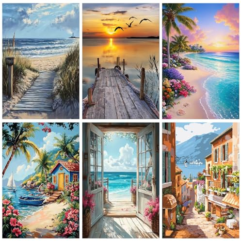 uuxsretaio 6 Pack Landscape Paint by Numbers kit for Adults Beginner - Without Wooden Easel, Seaside Scenery Door Paint by Numbers, DIY Adults' Paint-by-Number Kits for Wall Decor 8 x 12 Inch