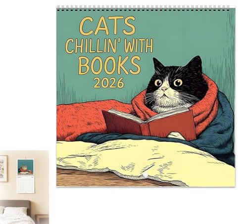 Yxelydriail Reading Cat Calendar 2026, Cats Chillin with Books 2026 Wall Calendar, Cute Funny Cat Art Wall Calendar Planning Reminder for Living Room Kitchen Desk (Reading Cat)