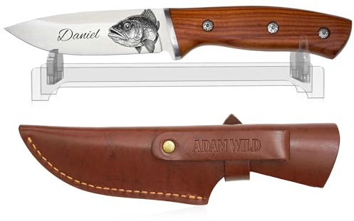ADAM WILD Angelmesser mit Gravur | personalisiertes Geschenk für Männer | Anglermesser mit Wunschname & Motiv graviert | Klinge aus Edelstahl | Holzgriff & Lederscheide | für Angler, Outdoor & angeln