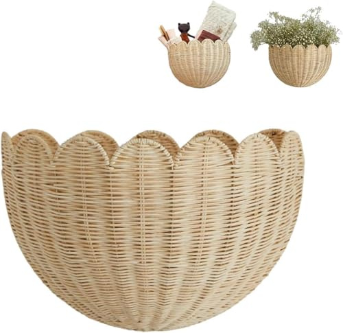 Wandkorb Aus Rattan, Aufbewahrungs korb Geflochten, Blumenkorb Wandampel Blumenampel für Wand, Wandhalterung Flechtkorb Regalkorb für Wohnzimmer, Schlafzimmer, Bad & Kinderzimmer (36 * 20cm/1PC)