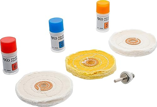 BGS 3990 | Polier-Sortiment für weiche Metalle | 7-tlg. | Kratzer-Entfernen und Polieren | Messing, Kupfer, Zinn, Aluminium | 3 Polierscheiben | Bohrfutterdorn | 3 Polierpasten