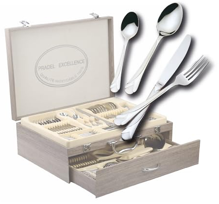Pradel Excellence D635C Besteck-Set, 84-teilig, Ambiance in einem Holzkasten mit Schublade, Rot