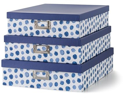 Soul & Lane Blue Spots Decorative Storage Boxes with Lids, Set of 3 Memory Boxes for Keepsakes, Nesting Letter Cardboard Document Storage for Organizing, Photos, Scrapbook