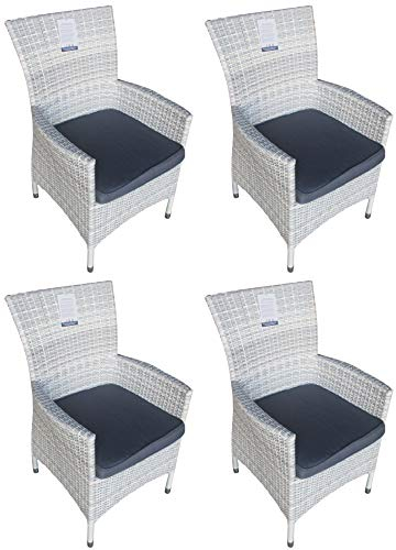 Mandalika Garden 4 x Polyrattan Diningsessel Monaco Ice White, inklusive Auflage, absolut wetterfest, 120 kg Tragkraft/Loungesessel/Gartenstuhl/Gartensessel