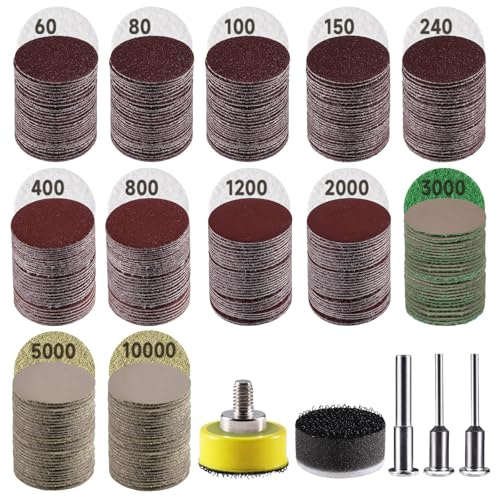 365 PCS 1 Inch Sanding Disc, GOH DODD Hook and Loop 60 to 10000 Grit Wet Dry Sandpaper Micro Sand Paper with 1/8 1/4 Shank, Backing Pad, Foam Pads for Auto Metal Glass Resin Wood Polishing Sanding