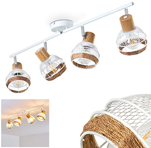 HOFSTEIN Deckenleuchte Bariloche, verstellbare Deckenlampe aus Metall/Holz/Hanfseil in Weiß/Chrom/Natur, Leuchte im Boho/Retro-Design mit Lichteffekt, 4xE27, Esszimmer, Schlafzimmer, Wohnzimmer, Küche