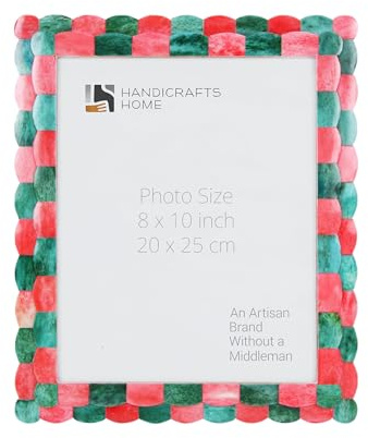 Handicrafts Home 8x10 Green Picture Frame, Handmade Scallop pattern Bone inlay Photo Frame for Wall/Tabletop, Boho Farmhouse Vintage Home, Gallery Wall & Desk Decor, Christmas, Family Picture Frame