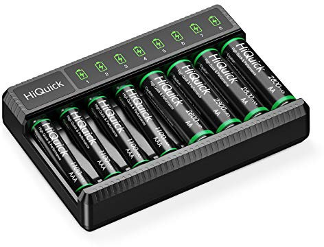 HiQuick 8 Slot AA AAA Battery Charger with 4 AA and 4 AAA NI-MH Rechargeable Batteries- Individual Battery Charger with Type C Input 5V 2A Fast Charging Function and Rechargeable Battery