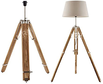 Lampadaire nautique sur trépied finition chromée Lampe en bois naturel (sans abat-jour) Hauteur de la lampe : 140 cm