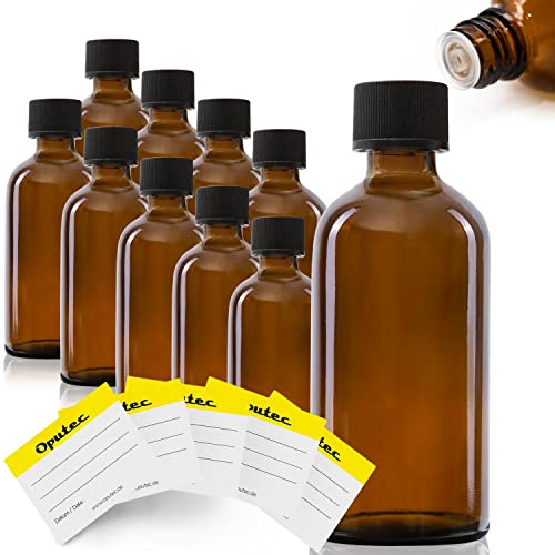 Oputec 10 x 100 ml Tropfflaschen aus Glas + 10 Beschriftungs-Etiketten - Braune Apothekerflaschen mit Tröpfler - Kleine Glasflaschen mit Schraubverschluss