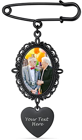 Custom4U Personalisierte Foto Broschen Damen Anstecker Schwarz Edelstahl Memorial Anhänger Brautstrauß mit Foto Anhänger Oval/Rund/Herz Broschen Anstecknadel Hochzeit Modeschmuck