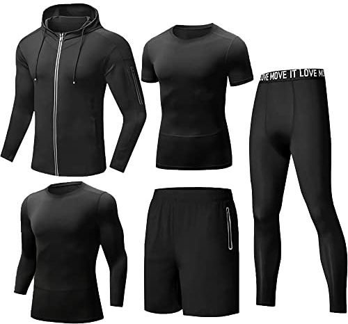 Tancefair 5 st fitness träningskläder för män löpning kompressionsbyxor kort/långärmad skjorta topp jacka set kostym, Schwarz, 3XL