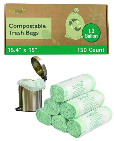 bioMat Compostable Trash Bags 1.2 Gallon, 150 Count, Small flat top Kitchen Food Scrap Bin Liners, BPI, CMA and OK Compost HOME certified, Meets the ASTM D6400 Standard