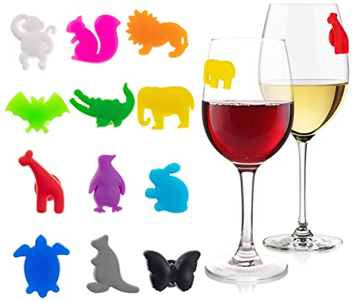 12 Couleurs Animaux terrestres Marque-verres Party Marqueurs de Verre à Vin Marqueurs de Vin Silicone étiquettes pour Verres à Vin Identificateur Verre Marqueurs à Boisson Décoration Verre à Vin