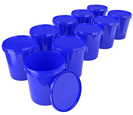 FixedByU Lot de 10 seaux couvercle - 16 l - Bleu - Qualité alimentaire - Étanche et stable - poignée et couvercle - produits chimiques - les aliments - Couleur : poudre à laver - Adhésifs